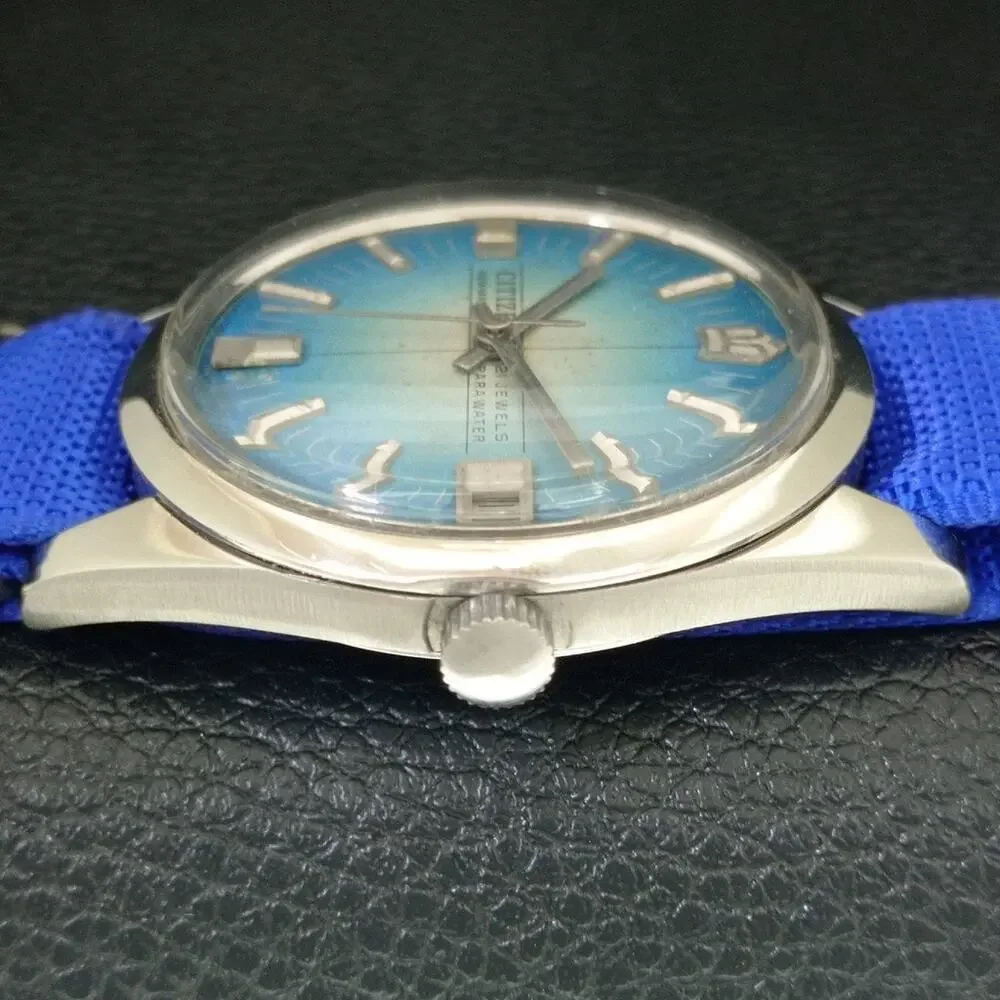 Vintage 1981 Citizen Manual Wound Mens Silver Watch W/Date & Teal accents
